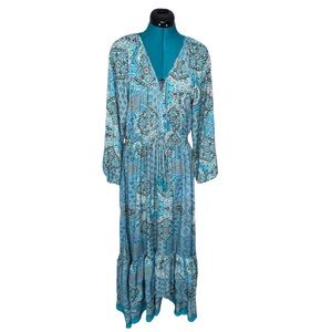 Boemo Maxi Peasant Style Blue Patterned V-Neck Long Sleeve Dress